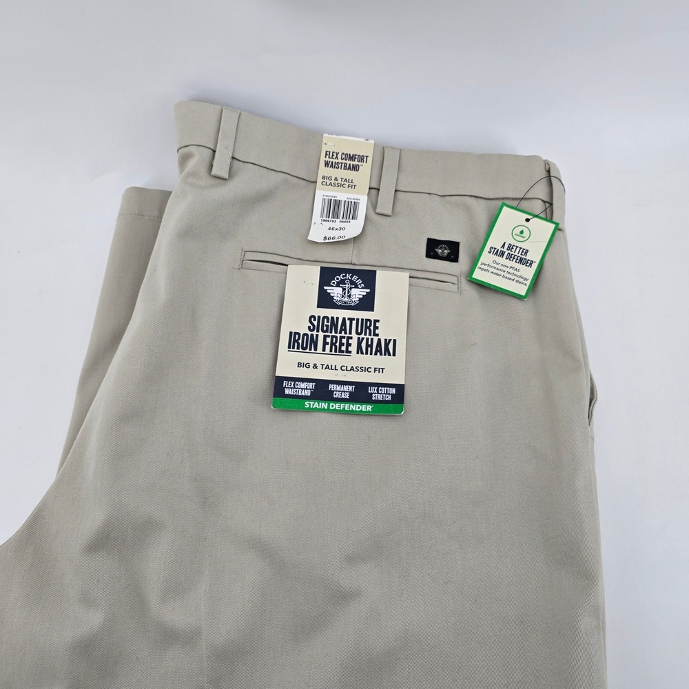Dockers Khaki Pants Mens Big & Tall Iron Free Classic Fit Tan 46x30 MSRP $66 NWT